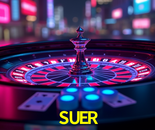 Escena dinámica inspirada en casino con iluminación SUER, cartas, fichas e íconos de juegos digitales en un espacio moderno de juegos.